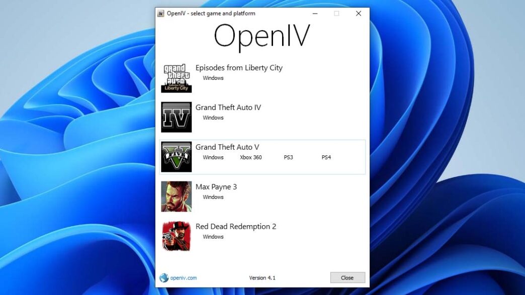 Download OpenIV Installer for easy mod installation in Episode from Liberty City, GTA VI, GTA V, GTA IV, Max Payne 3, Red Dead Redemption 2 (RDR2).